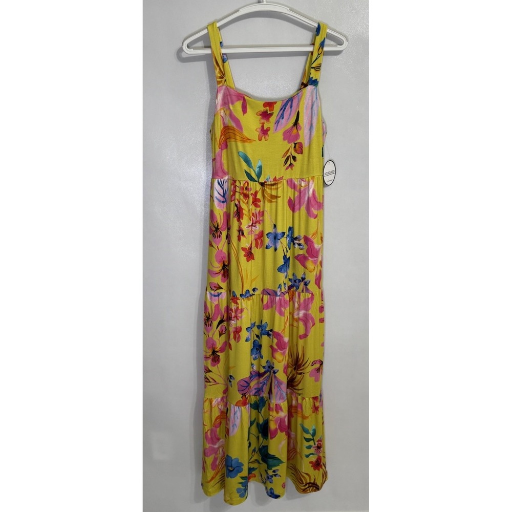 Soma WKND Medium Soft Jersey Maxi Dress Built-In Bra Yellow Tropical NWT $110